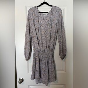 Smocked-Waist Long Sleeve Midi Dress in Taupe Leopard Print